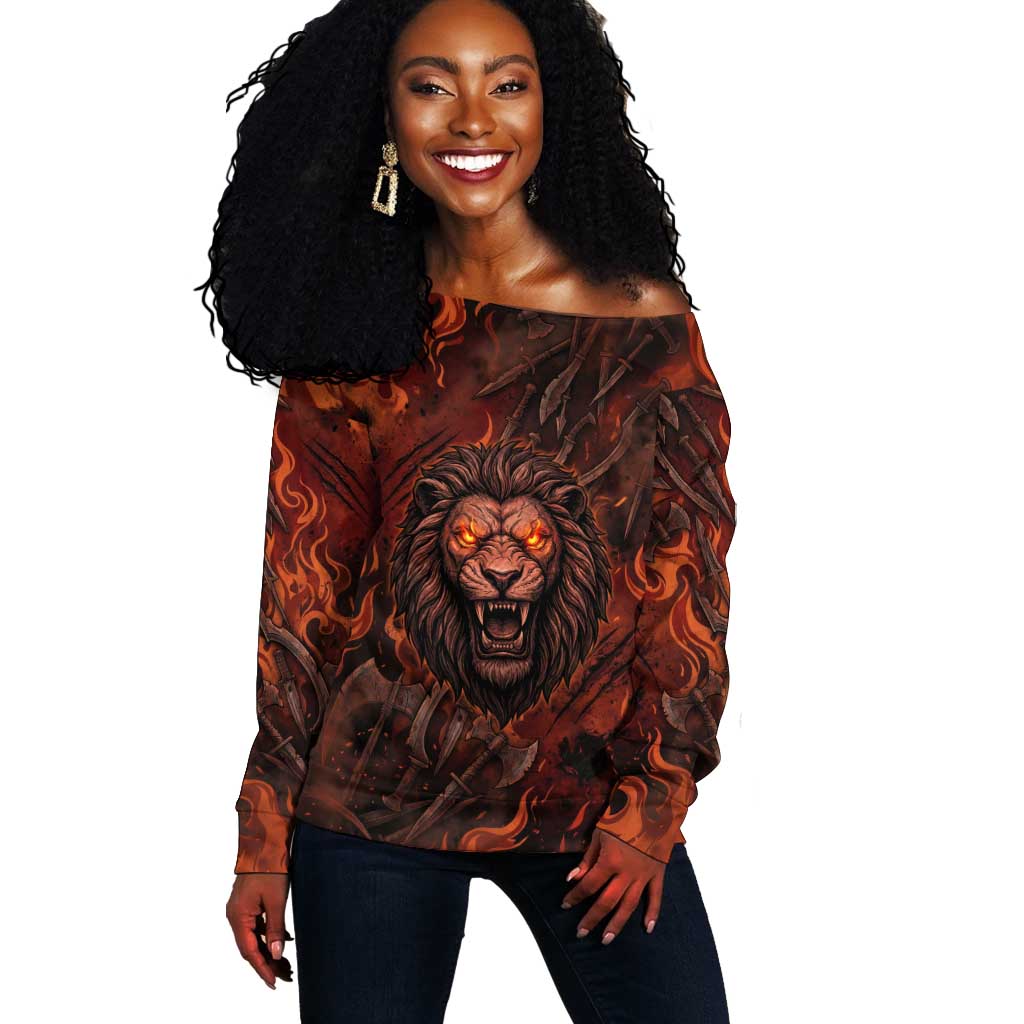 Maahes Off Shoulder Sweater Ancient Egyptian Fiery Red Flame - Roaring Lion Head - Wonder Print Shop