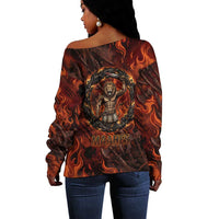 Maahes Off Shoulder Sweater Ancient Egyptian Fiery Red Flame - Roaring Lion Head - Wonder Print Shop