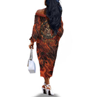 Maahes Off The Shoulder Long Sleeve Dress Ancient Egyptian Fiery Red Flame - Roaring Lion Head - Wonder Print Shop