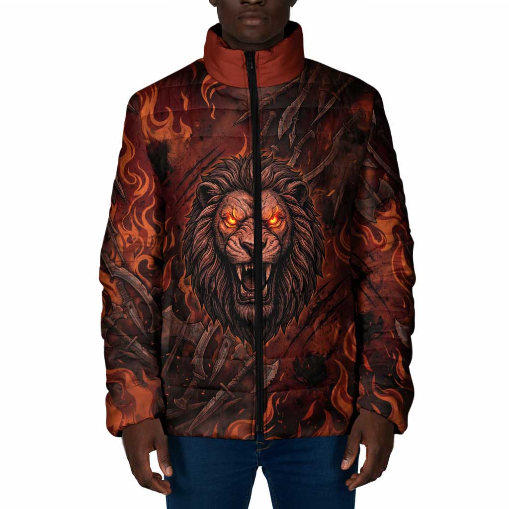 Maahes Padded Jacket Ancient Egyptian Fiery Red Flame - Roaring Lion Head - Wonder Print Shop