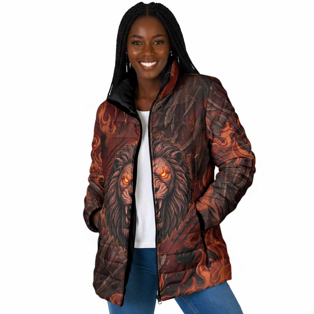 Maahes Padded Jacket Ancient Egyptian Fiery Red Flame - Roaring Lion Head - Wonder Print Shop