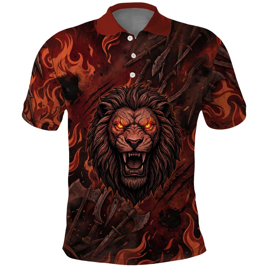 Maahes Polo Shirt Ancient Egyptian Fiery Red Flame - Roaring Lion Head - Wonder Print Shop