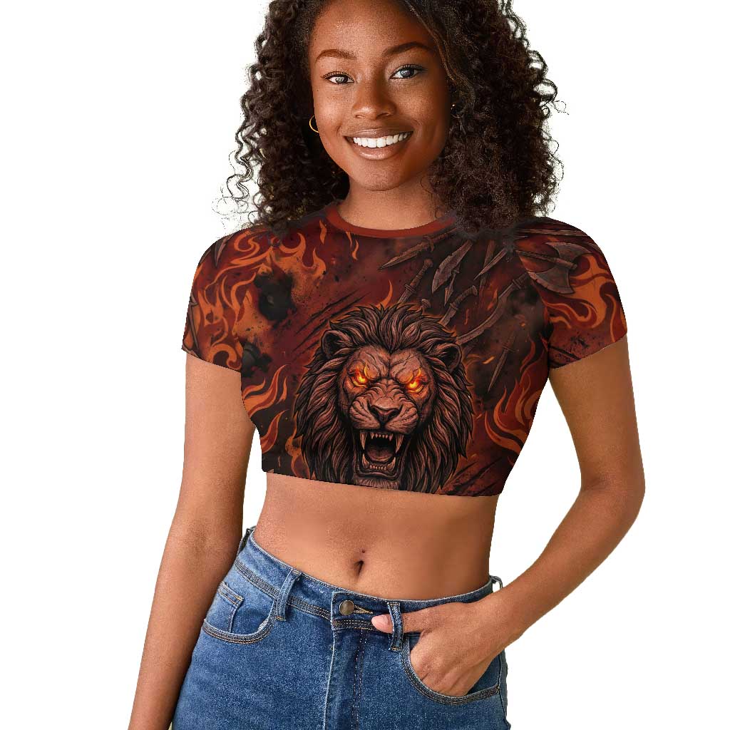 Maahes Raglan Cropped T shirt Ancient Egyptian Fiery Red Flame - Roaring Lion Head - Wonder Print Shop