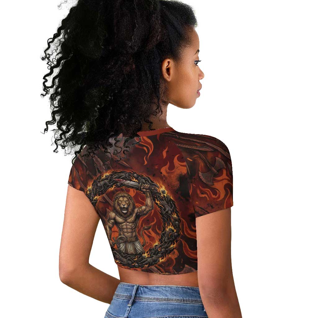 Maahes Raglan Cropped T shirt Ancient Egyptian Fiery Red Flame - Roaring Lion Head - Wonder Print Shop