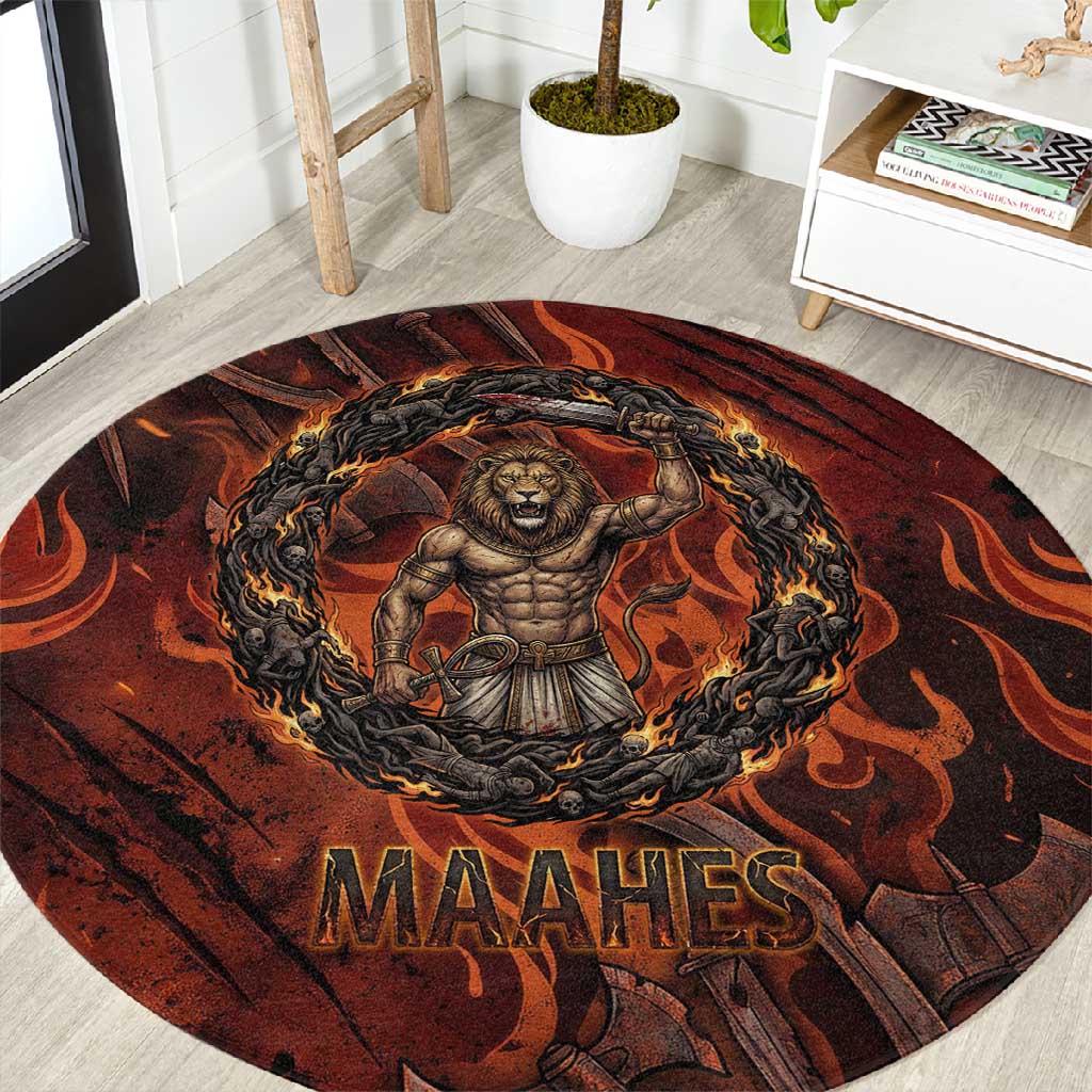 Maahes Round Carpet Ancient Egyptian Fiery Red Flame - Roaring Lion Head - Wonder Print Shop