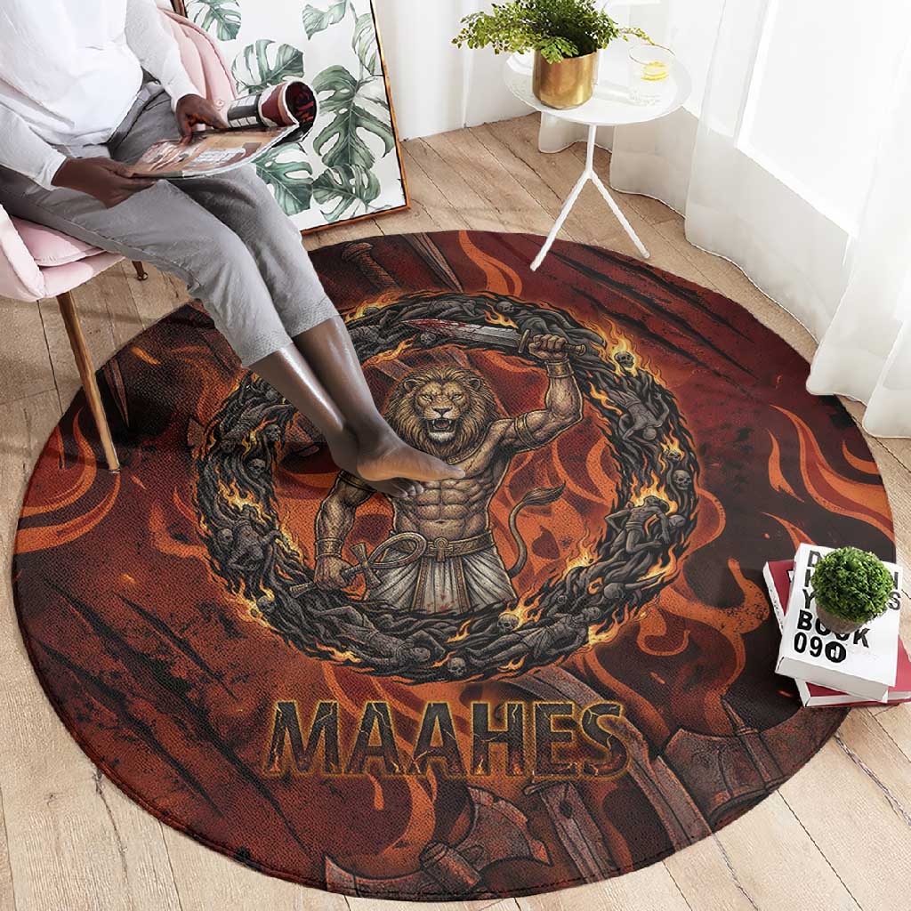 Maahes Round Carpet Ancient Egyptian Fiery Red Flame - Roaring Lion Head - Wonder Print Shop