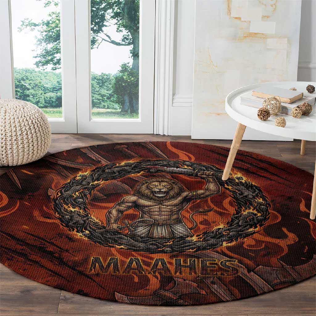 Maahes Round Carpet Ancient Egyptian Fiery Red Flame - Roaring Lion Head - Wonder Print Shop