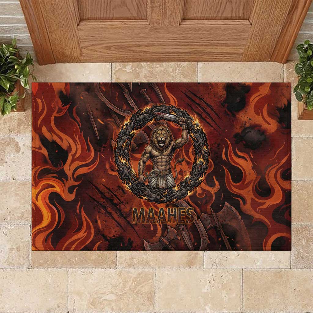 Maahes Rubber Doormat Ancient Egyptian Fiery Red Flame - Roaring Lion Head - Wonder Print Shop