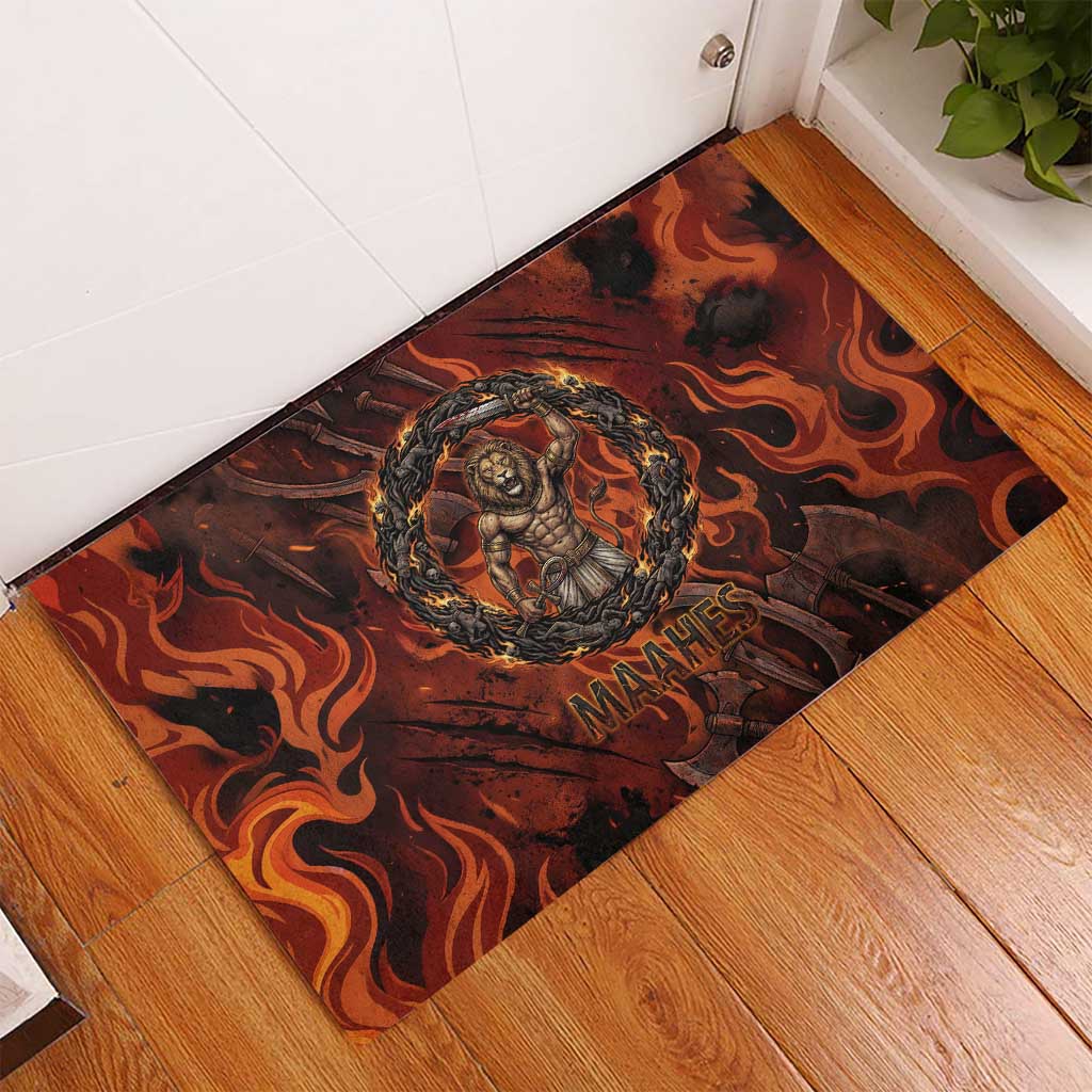 Maahes Rubber Doormat Ancient Egyptian Fiery Red Flame - Roaring Lion Head - Wonder Print Shop