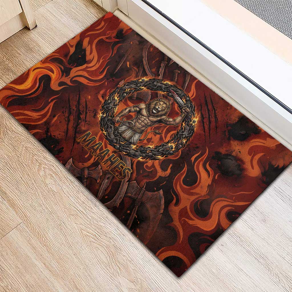 Maahes Rubber Doormat Ancient Egyptian Fiery Red Flame - Roaring Lion Head - Wonder Print Shop