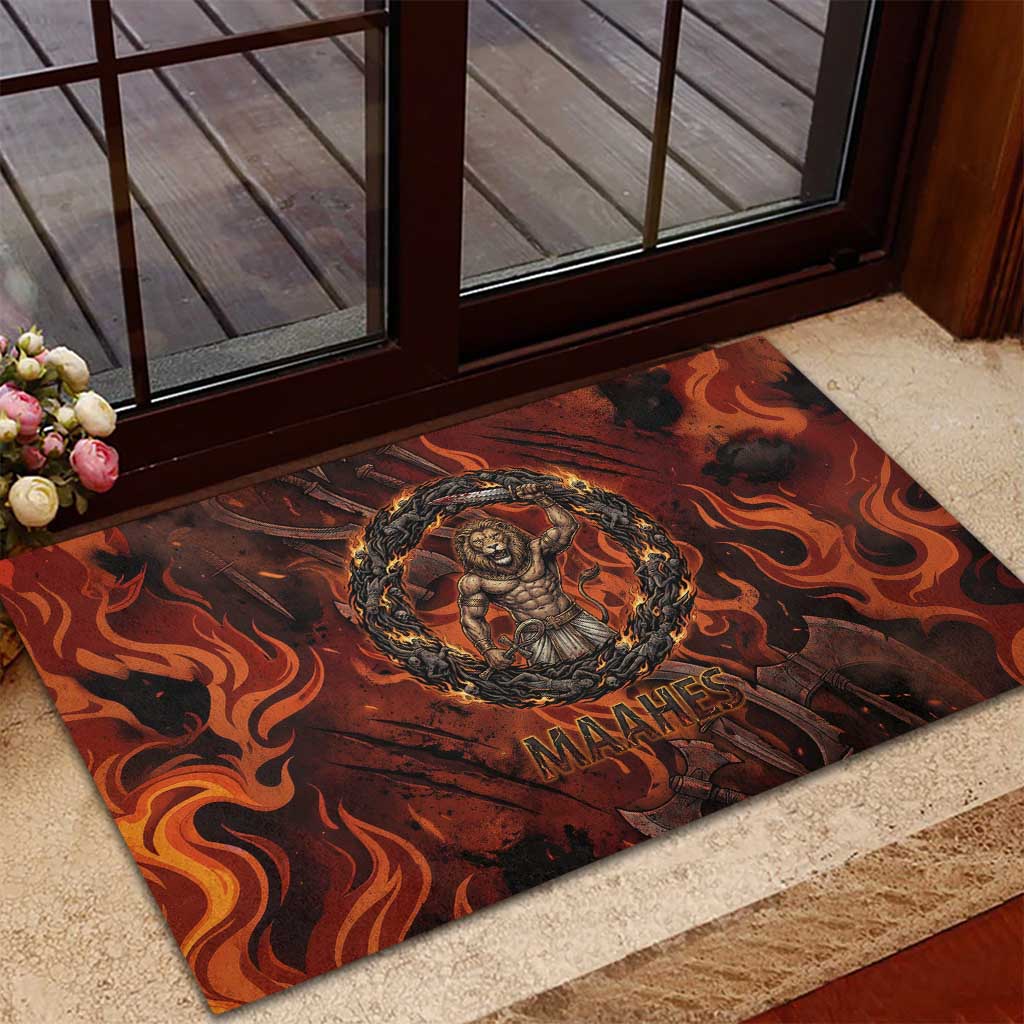 Maahes Rubber Doormat Ancient Egyptian Fiery Red Flame - Roaring Lion Head - Wonder Print Shop