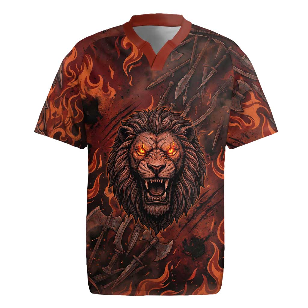 Maahes Rugby Jersey Ancient Egyptian Fiery Red Flame - Roaring Lion Head - Wonder Print Shop