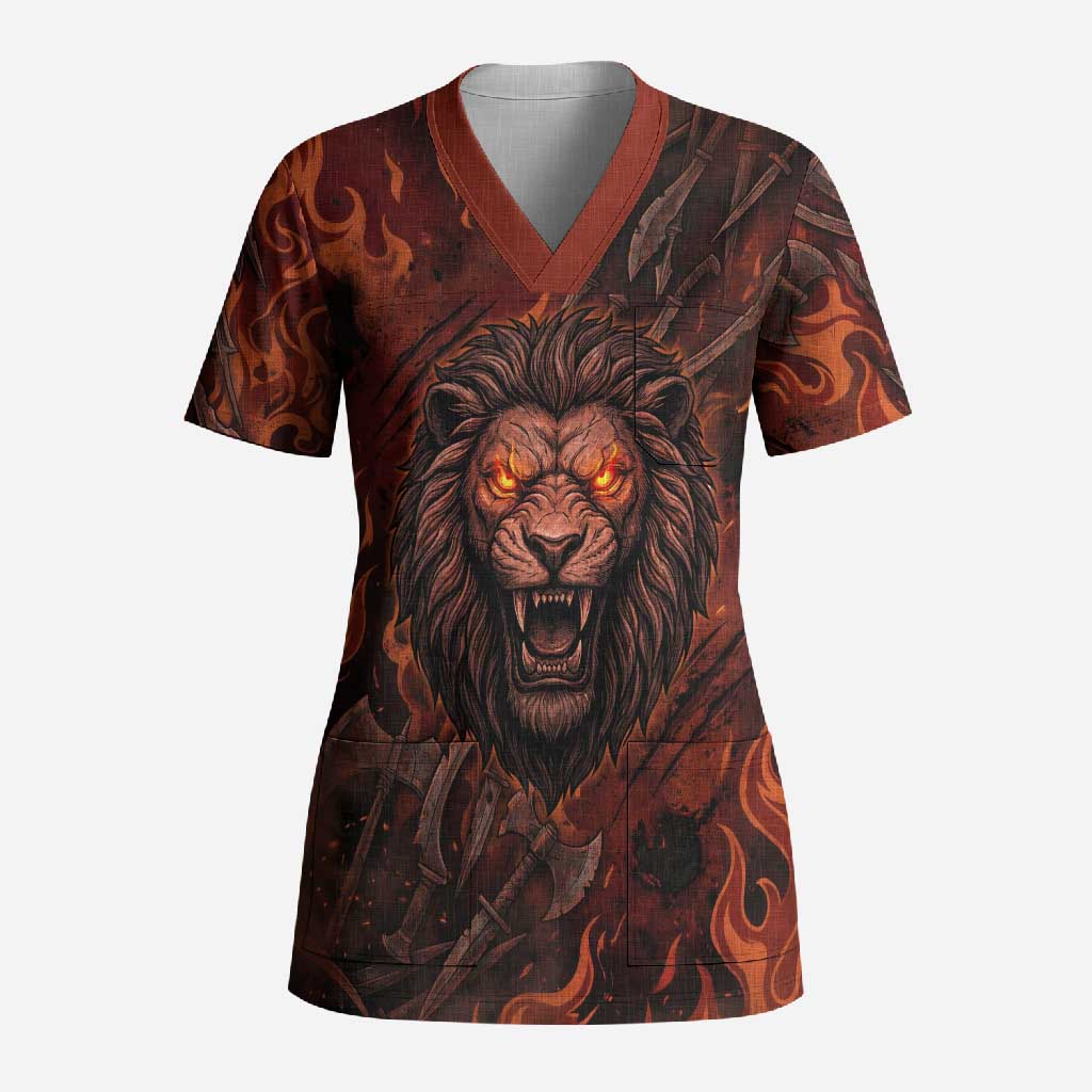 Maahes Scrub Top Ancient Egyptian Fiery Red Flame - Roaring Lion Head - Wonder Print Shop