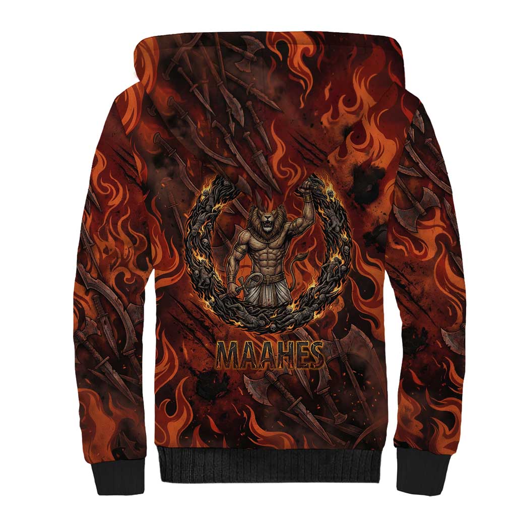 Maahes Sherpa Hoodie Ancient Egyptian Fiery Red Flame - Roaring Lion Head - Wonder Print Shop