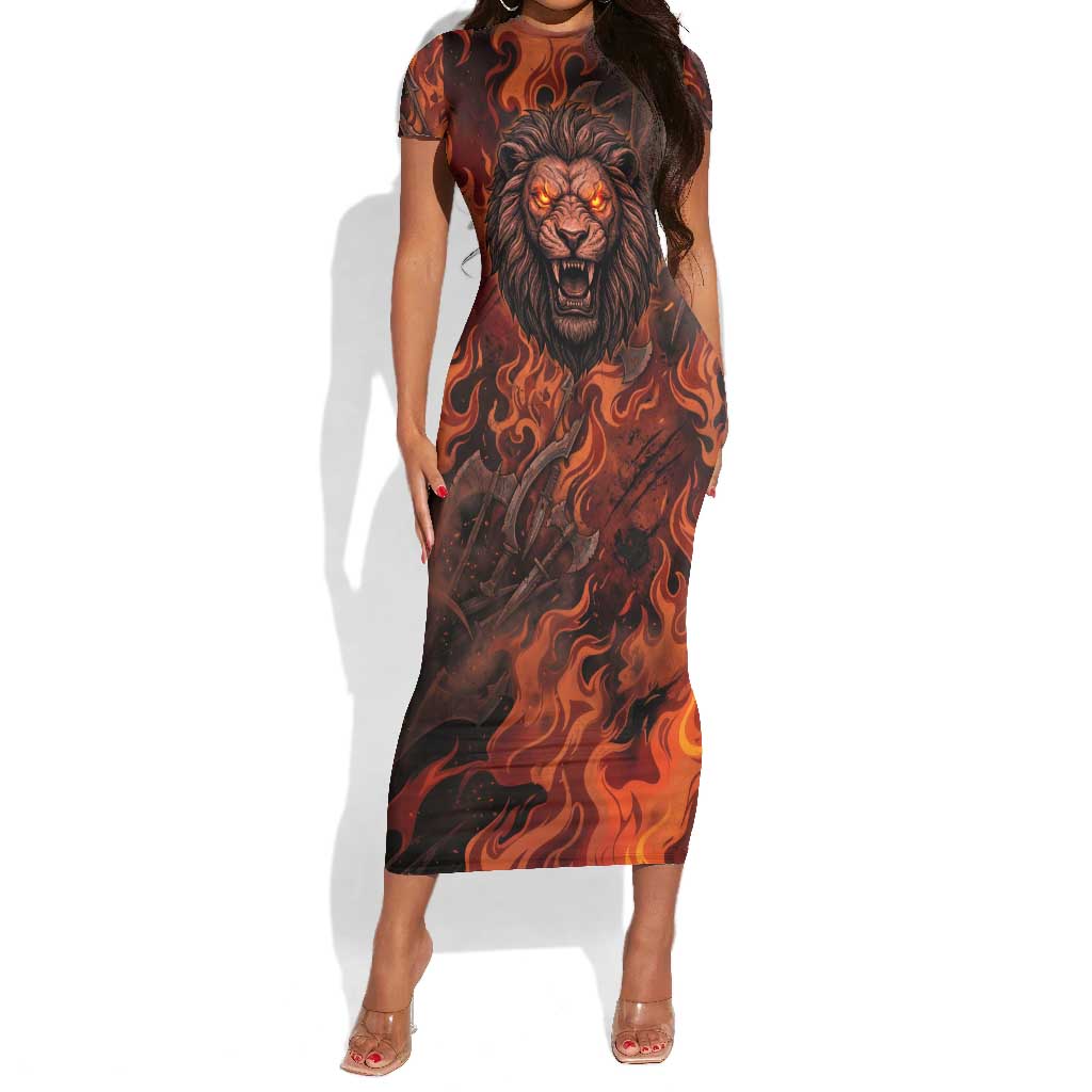 Maahes Short Sleeve Bodycon Dress Ancient Egyptian Fiery Red Flame - Roaring Lion Head - Wonder Print Shop