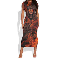 Maahes Short Sleeve Bodycon Dress Ancient Egyptian Fiery Red Flame - Roaring Lion Head - Wonder Print Shop