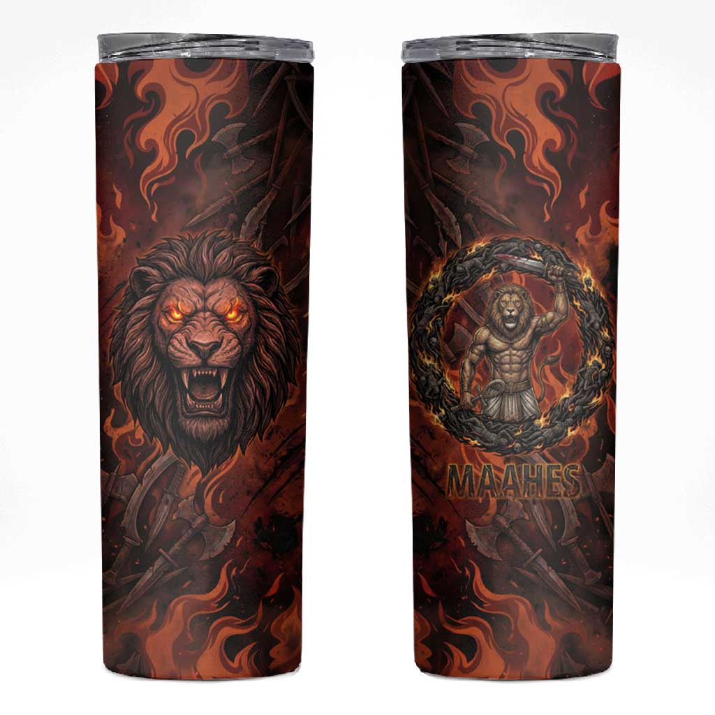 Maahes Skinny Tumbler Ancient Egyptian Fiery Red Flame - Roaring Lion Head - Wonder Print Shop