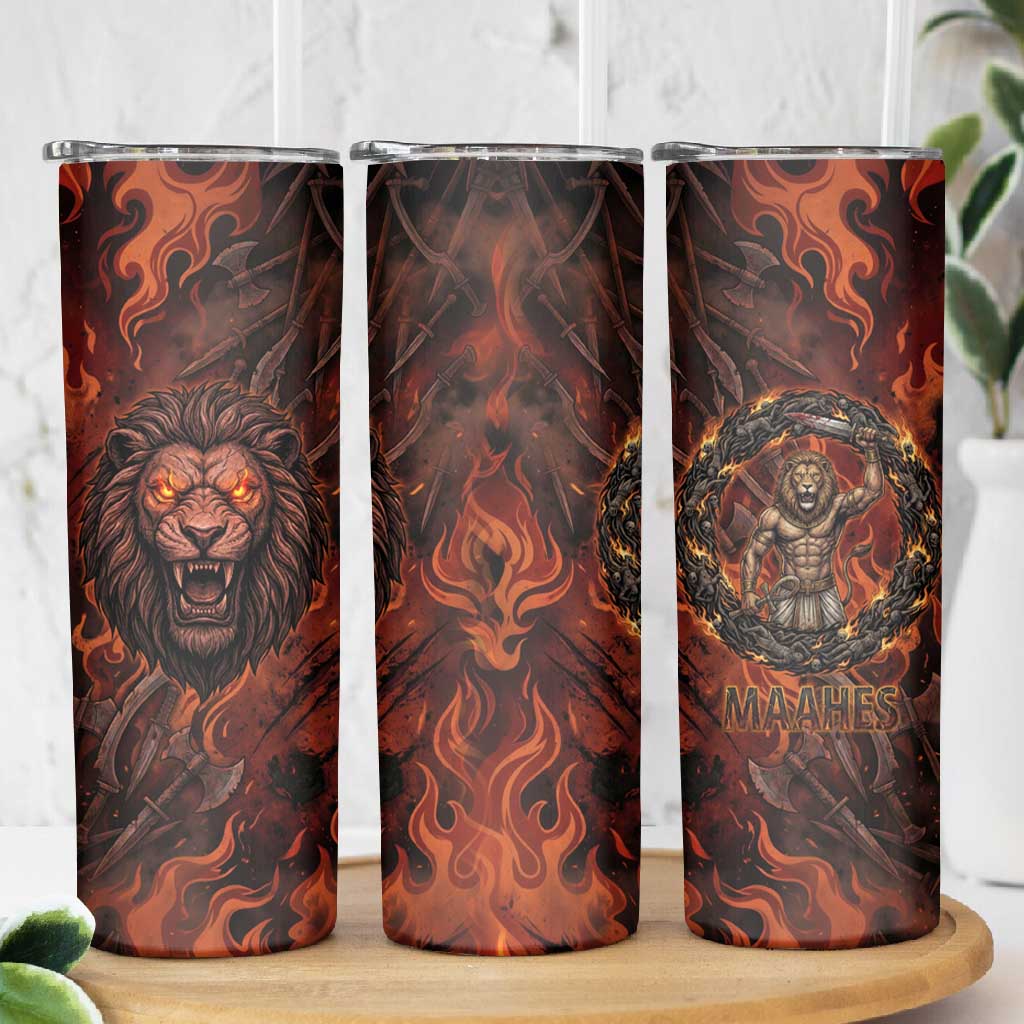 Maahes Skinny Tumbler Ancient Egyptian Fiery Red Flame - Roaring Lion Head - Wonder Print Shop