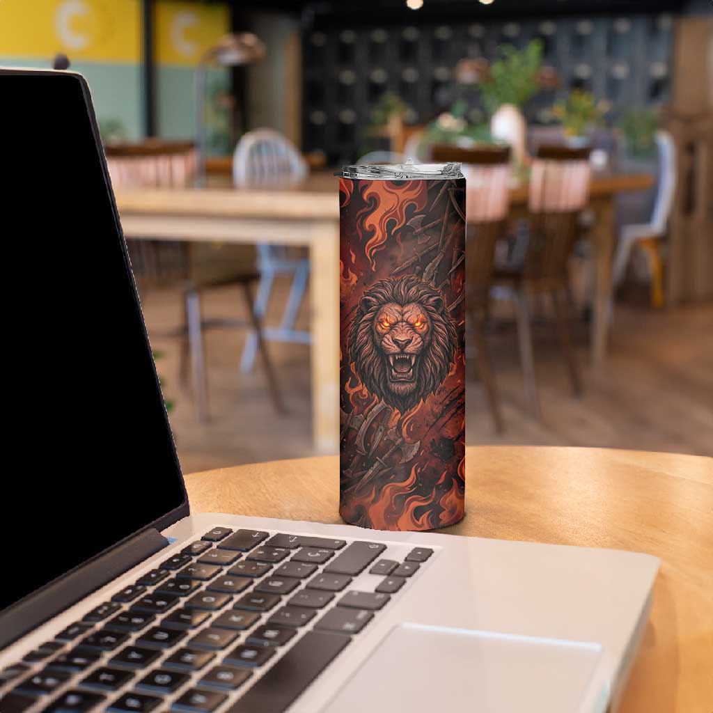 Maahes Skinny Tumbler Ancient Egyptian Fiery Red Flame - Roaring Lion Head - Wonder Print Shop