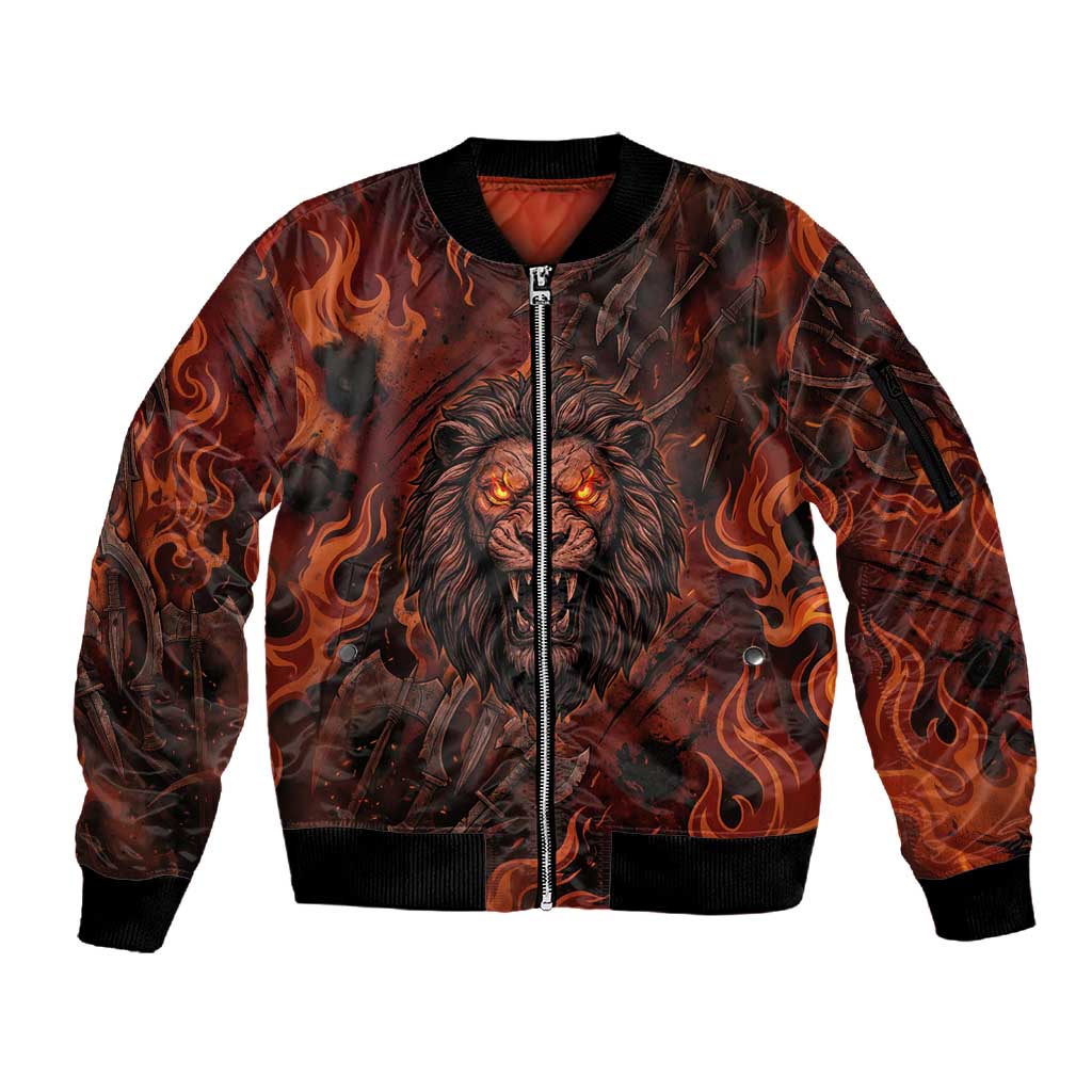 Maahes Sleeve Zip Bomber Jacket Ancient Egyptian Fiery Red Flame - Roaring Lion Head - Wonder Print Shop