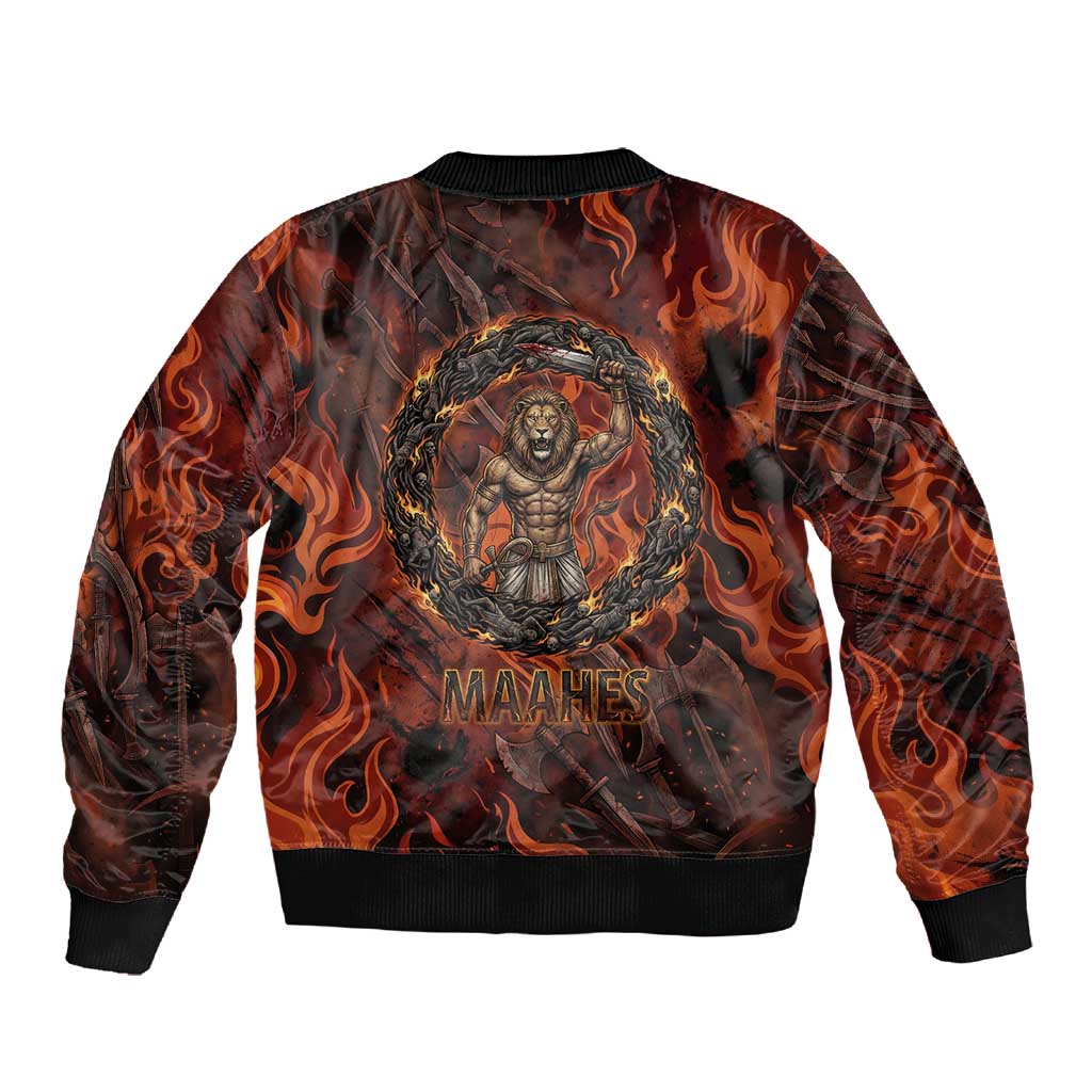 Maahes Sleeve Zip Bomber Jacket Ancient Egyptian Fiery Red Flame - Roaring Lion Head - Wonder Print Shop