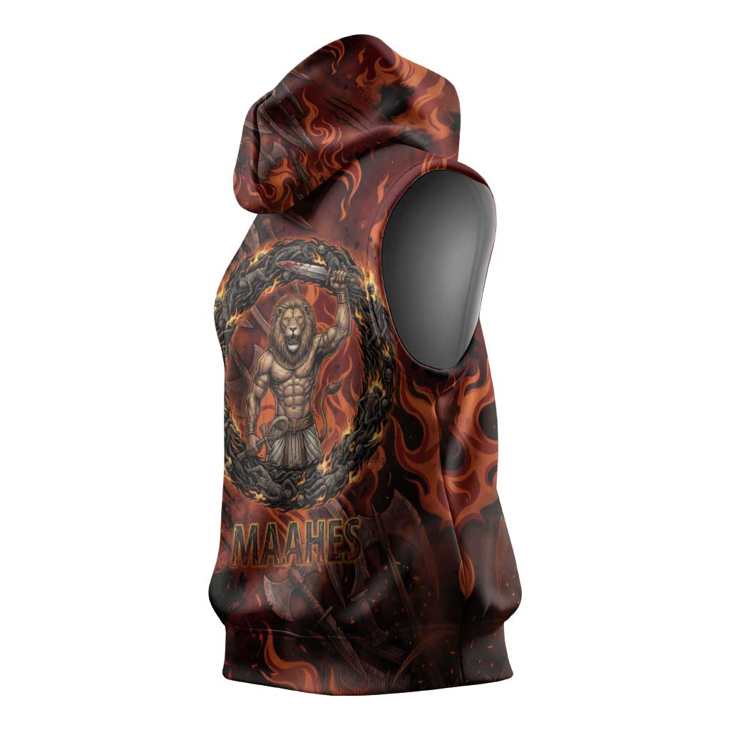 Maahes Sleeveless Hoodie Ancient Egyptian Fiery Red Flame - Roaring Lion Head - Wonder Print Shop