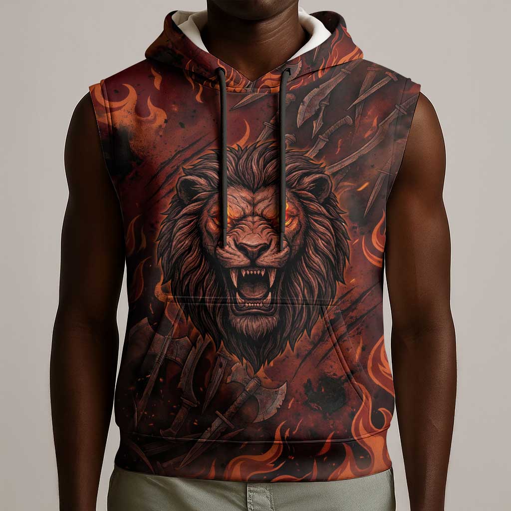 Maahes Sleeveless Hoodie Ancient Egyptian Fiery Red Flame - Roaring Lion Head - Wonder Print Shop
