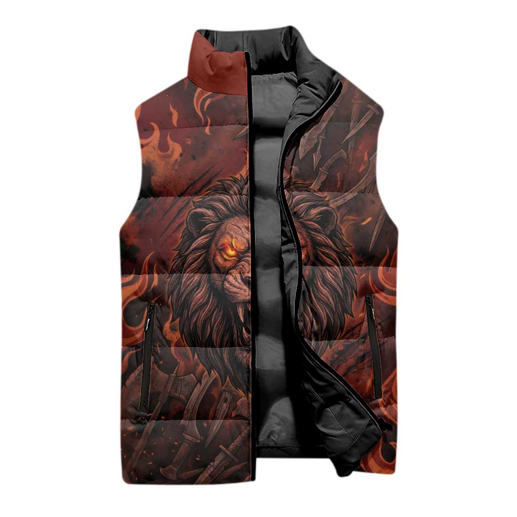 Maahes Sleeveless Puffer Jacket Ancient Egyptian Fiery Red Flame - Roaring Lion Head - Wonder Print Shop
