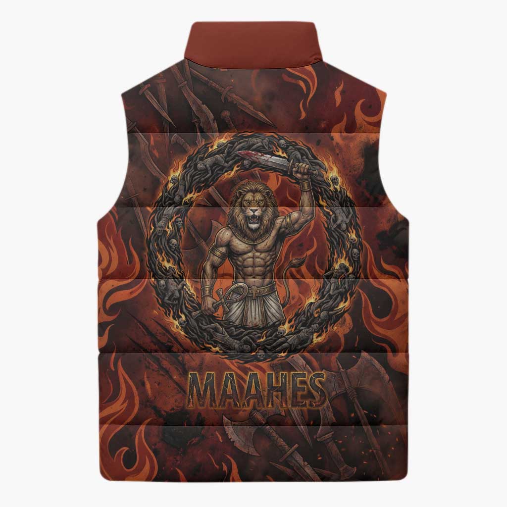 Maahes Sleeveless Puffer Jacket Ancient Egyptian Fiery Red Flame - Roaring Lion Head - Wonder Print Shop