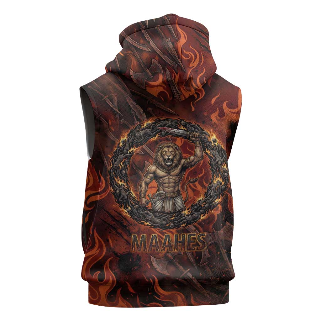 Maahes Sleeveless Zip Hoodie Ancient Egyptian Fiery Red Flame - Roaring Lion Head - Wonder Print Shop