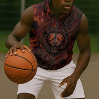 Maahes Sleeveless Zip Hoodie Ancient Egyptian Fiery Red Flame - Roaring Lion Head - Wonder Print Shop