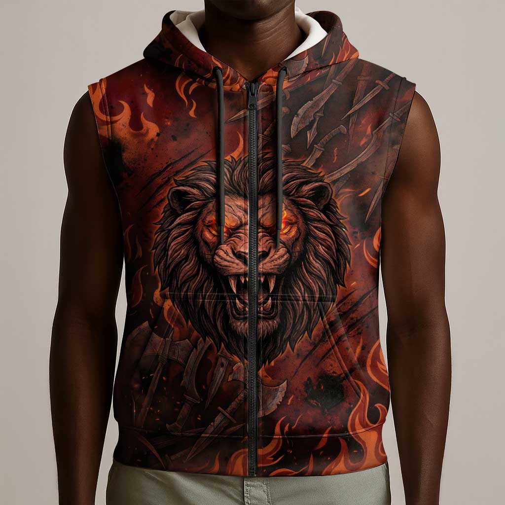 Maahes Sleeveless Zip Hoodie Ancient Egyptian Fiery Red Flame - Roaring Lion Head - Wonder Print Shop