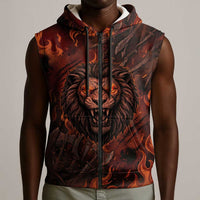 Maahes Sleeveless Zip Hoodie Ancient Egyptian Fiery Red Flame - Roaring Lion Head - Wonder Print Shop