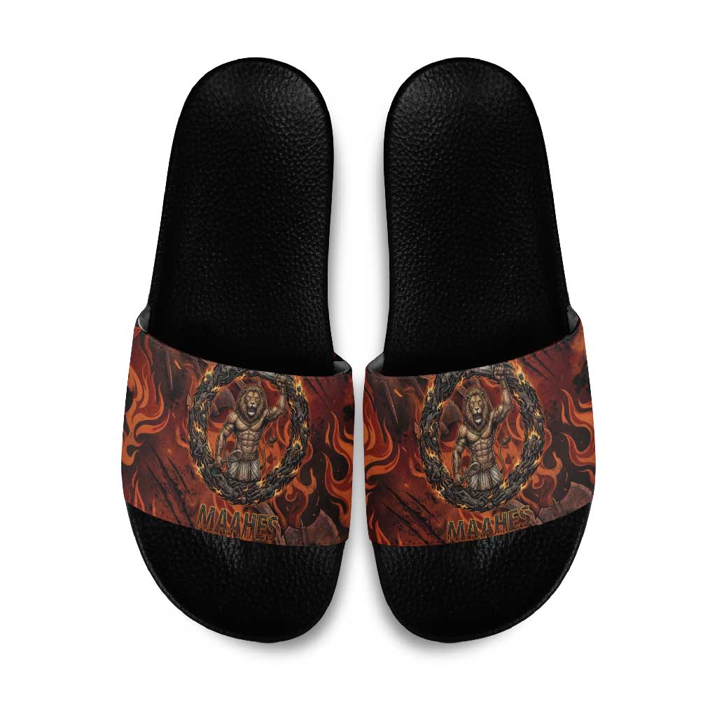 Maahes Slide Sandals Ancient Egyptian Fiery Red Flame - Roaring Lion Head - Wonder Print Shop