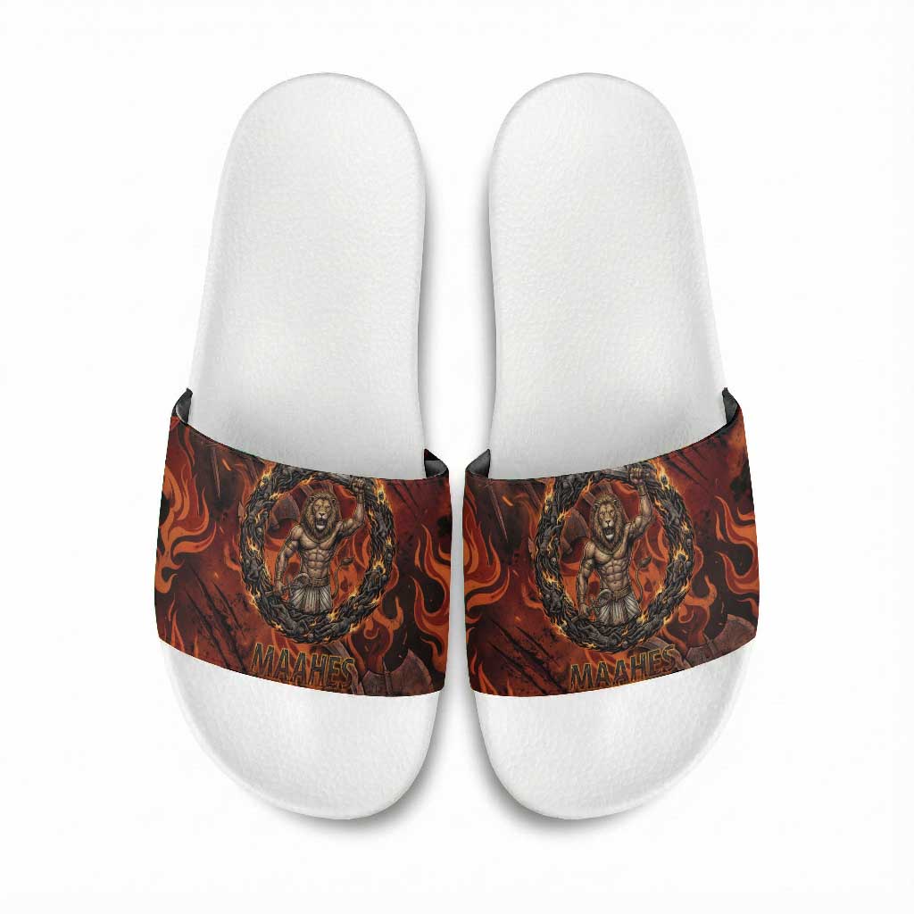 Maahes Slide Sandals Ancient Egyptian Fiery Red Flame - Roaring Lion Head - Wonder Print Shop