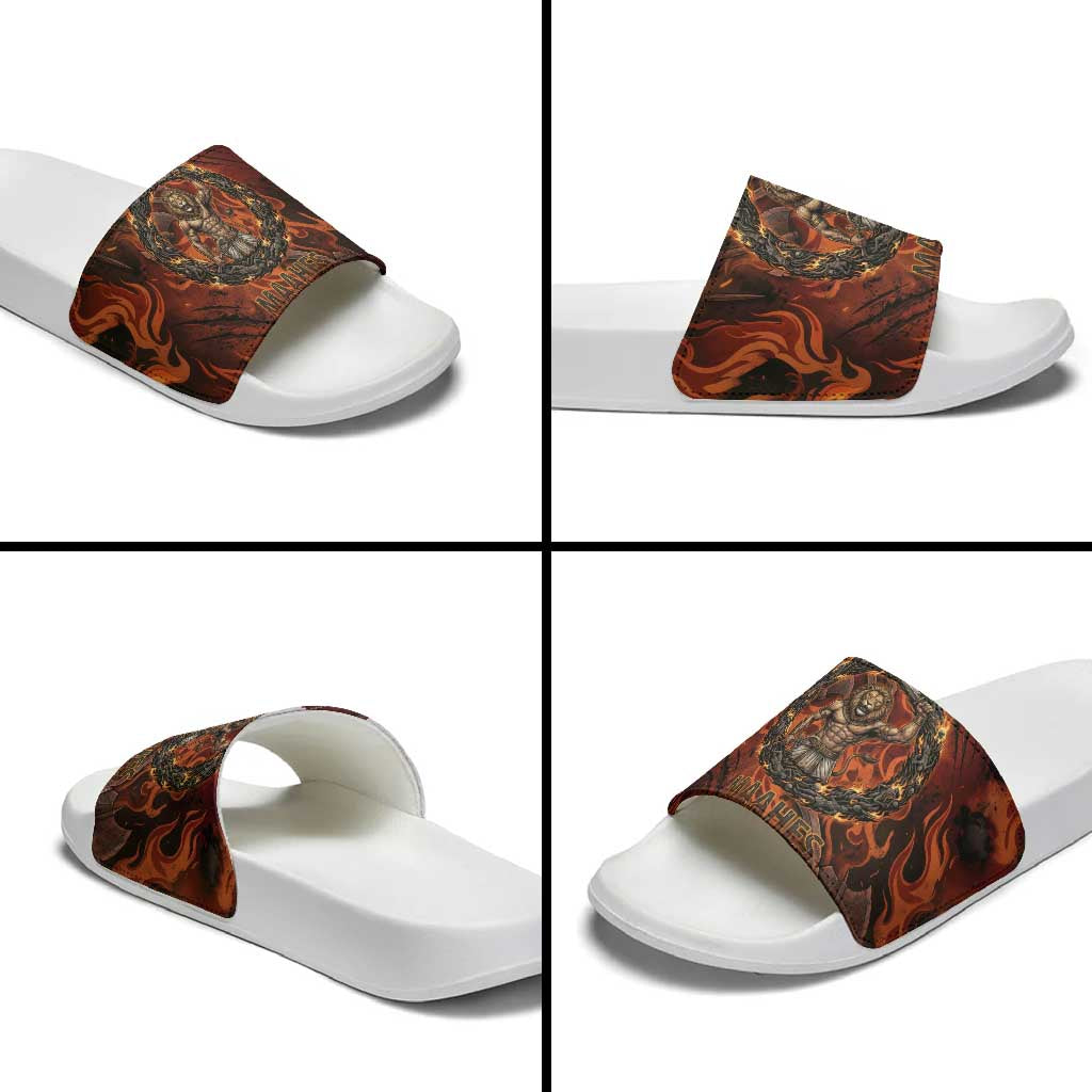 Maahes Slide Sandals Ancient Egyptian Fiery Red Flame - Roaring Lion Head - Wonder Print Shop