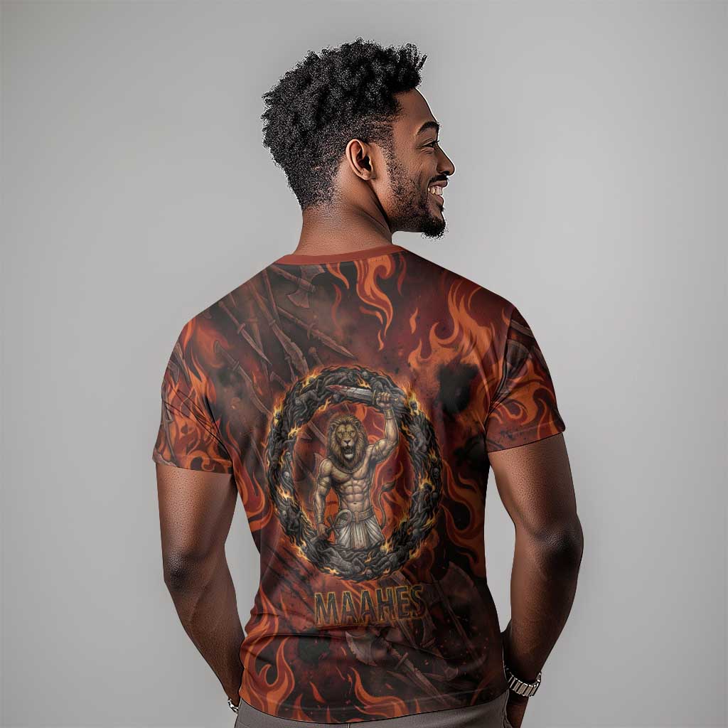 Maahes T shirt Ancient Egyptian Fiery Red Flame - Roaring Lion Head - Wonder Print Shop