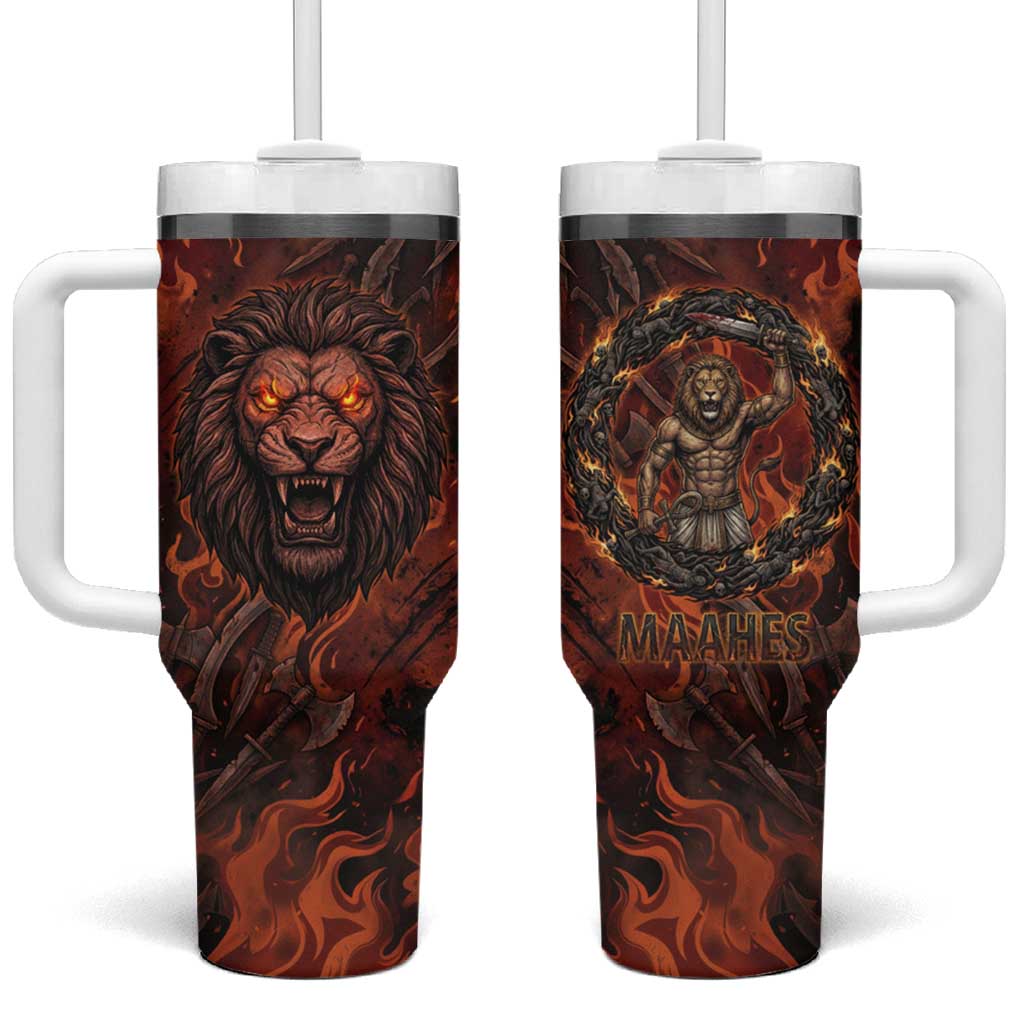 Maahes Tumbler With Handle Ancient Egyptian Fiery Red Flame - Roaring Lion Head - Wonder Print Shop