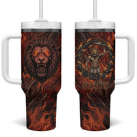 Maahes Tumbler With Handle Ancient Egyptian Fiery Red Flame - Roaring Lion Head - Wonder Print Shop