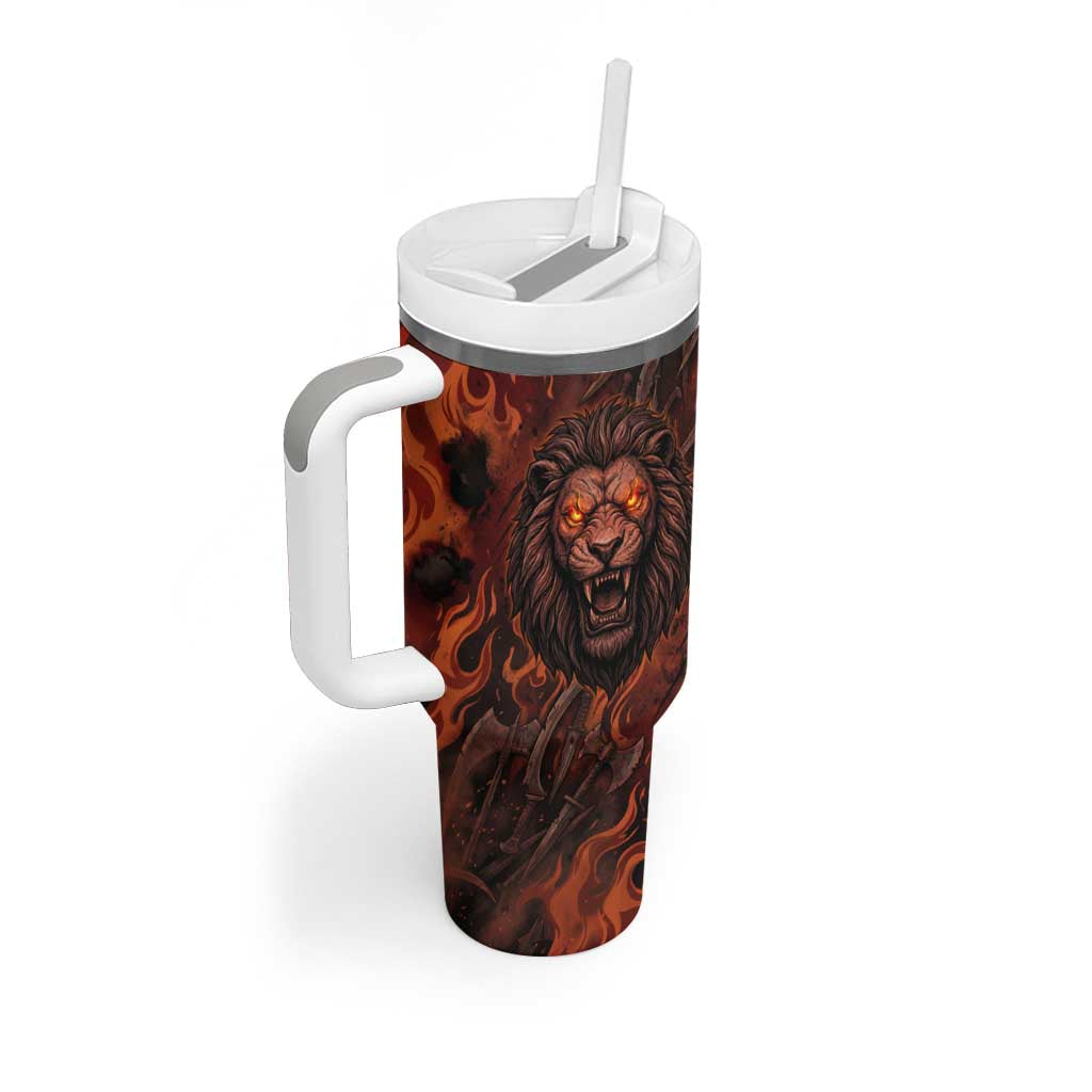 Maahes Tumbler With Handle Ancient Egyptian Fiery Red Flame - Roaring Lion Head - Wonder Print Shop