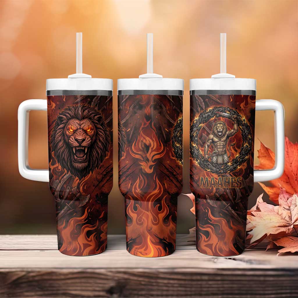 Maahes Tumbler With Handle Ancient Egyptian Fiery Red Flame - Roaring Lion Head - Wonder Print Shop