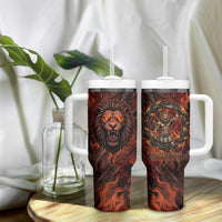 Maahes Tumbler With Handle Ancient Egyptian Fiery Red Flame - Roaring Lion Head - Wonder Print Shop