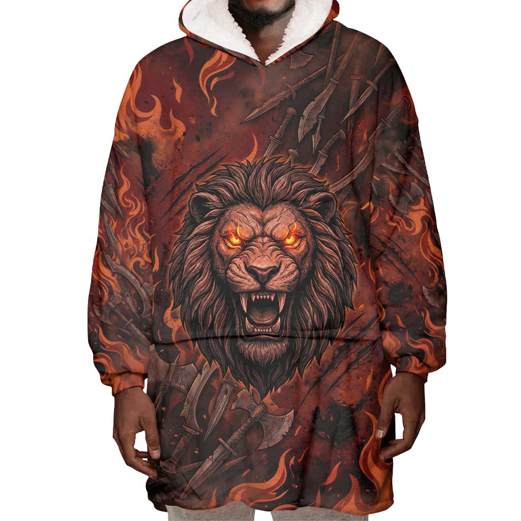 Maahes Wearable Blanket Hoodie Ancient Egyptian Fiery Red Flame - Roaring Lion Head - Wonder Print Shop