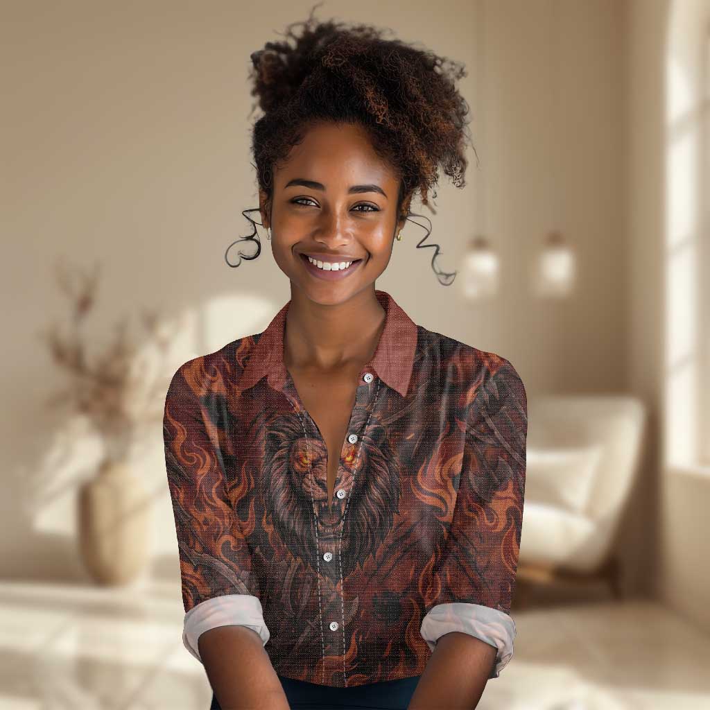 Maahes Women Casual Shirt Ancient Egyptian Fiery Red Flame - Roaring Lion Head - Wonder Print Shop