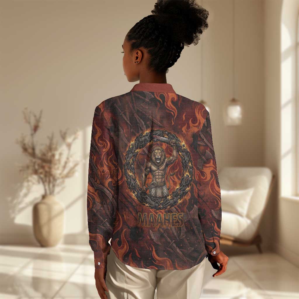 Maahes Women Casual Shirt Ancient Egyptian Fiery Red Flame - Roaring Lion Head - Wonder Print Shop