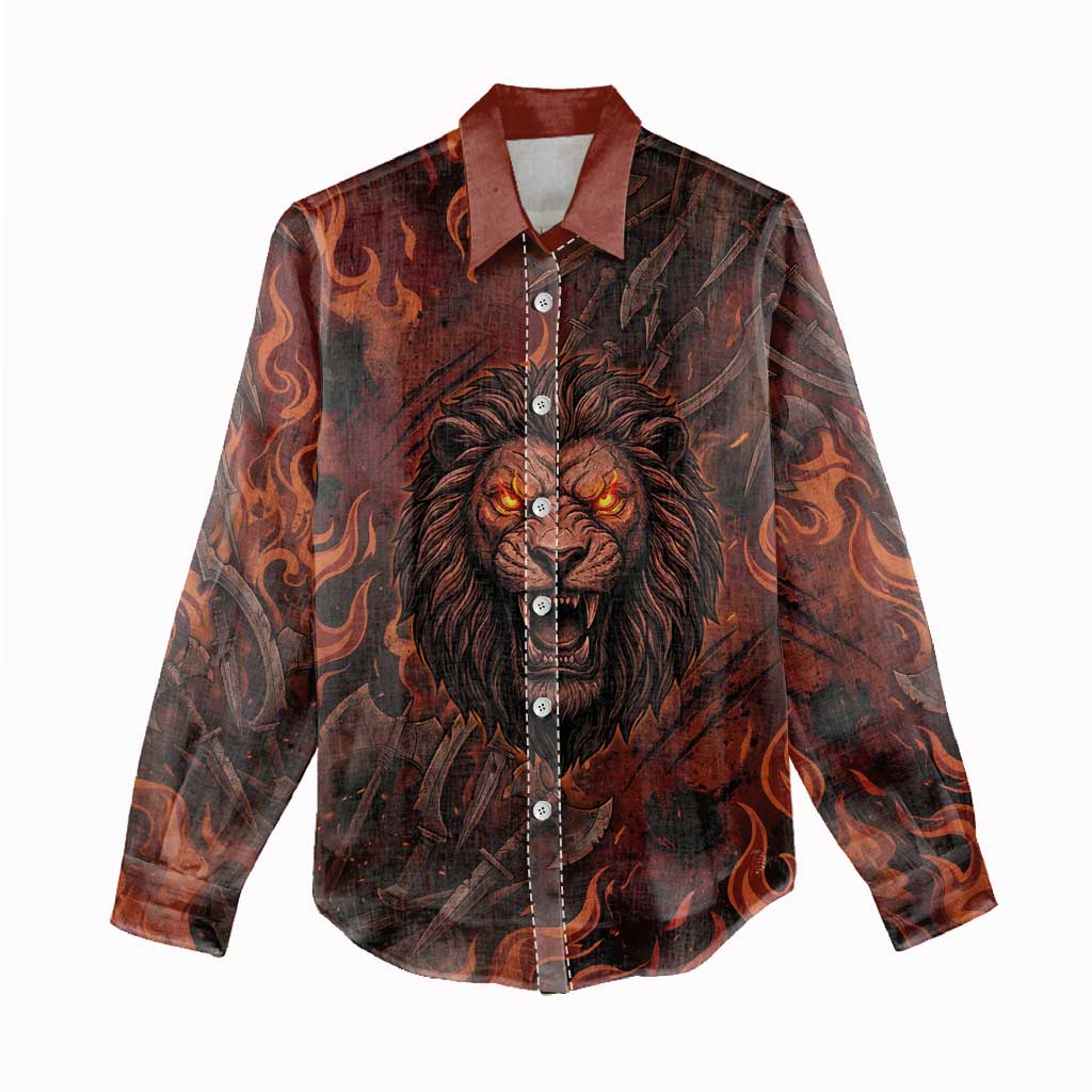 Maahes Women Casual Shirt Ancient Egyptian Fiery Red Flame - Roaring Lion Head - Wonder Print Shop