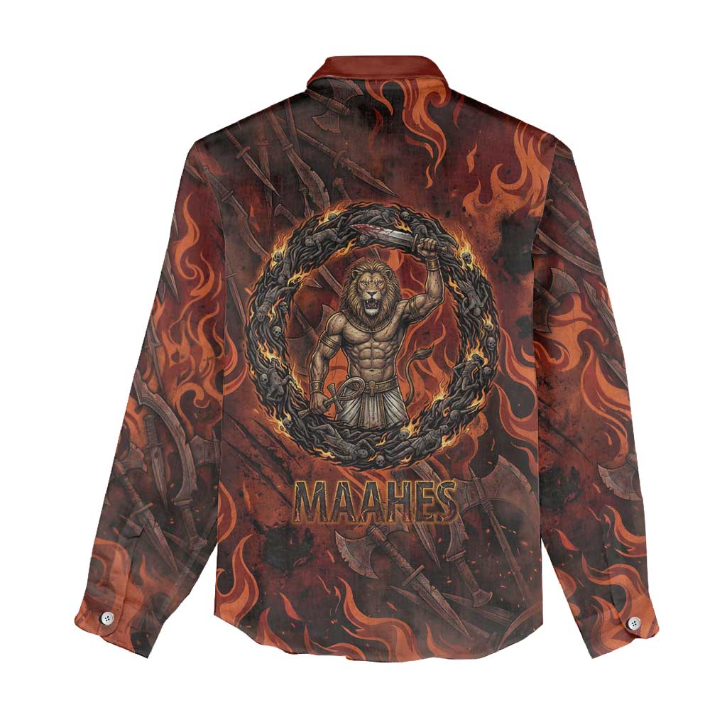 Maahes Women Casual Shirt Ancient Egyptian Fiery Red Flame - Roaring Lion Head - Wonder Print Shop