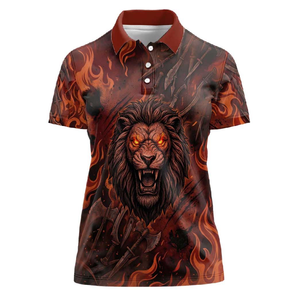 Maahes Women Polo Shirt Ancient Egyptian Fiery Red Flame - Roaring Lion Head - Wonder Print Shop