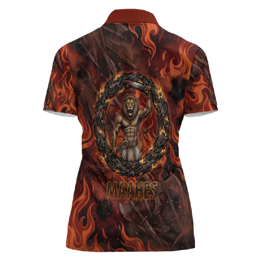 Maahes Women Polo Shirt Ancient Egyptian Fiery Red Flame - Roaring Lion Head - Wonder Print Shop