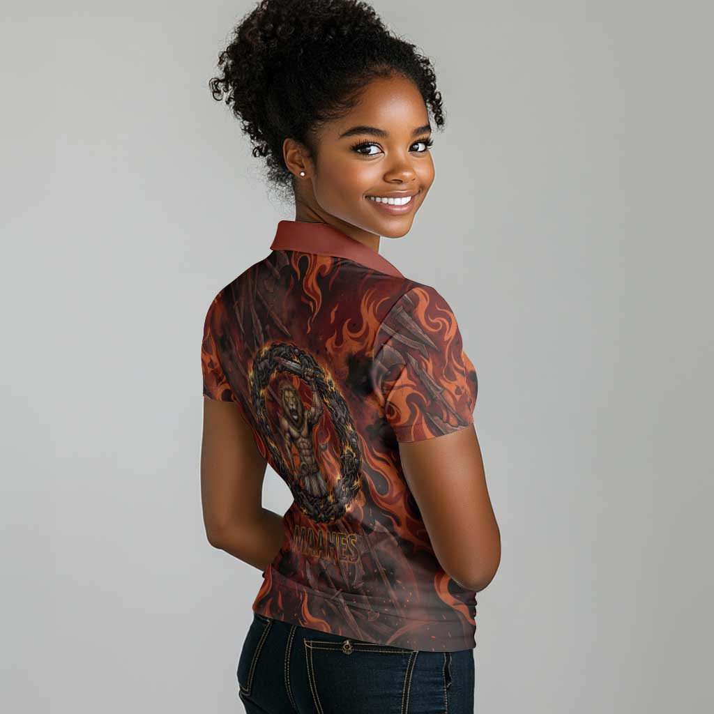 Maahes Women Polo Shirt Ancient Egyptian Fiery Red Flame - Roaring Lion Head - Wonder Print Shop